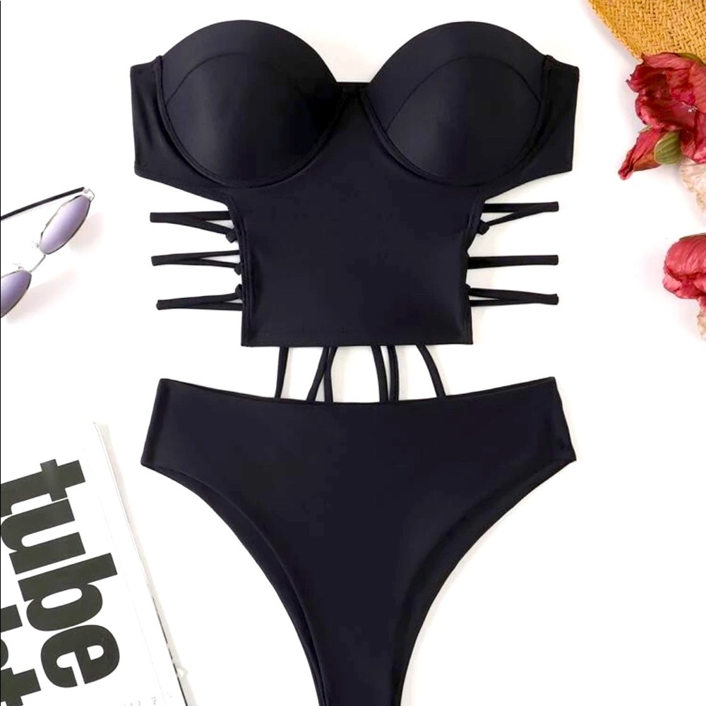 Strappy black corset style bikini